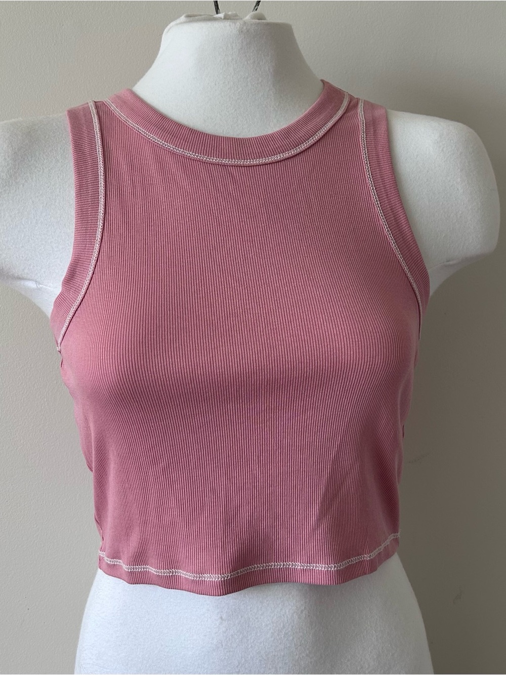 Madewell Ribbed Crop Tank - Rose Pink with Contrast Stitching